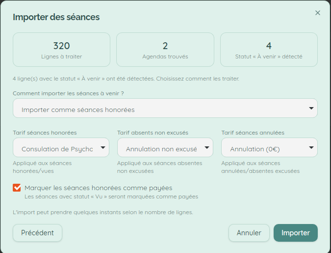 Import des séances dans MerciPsy
