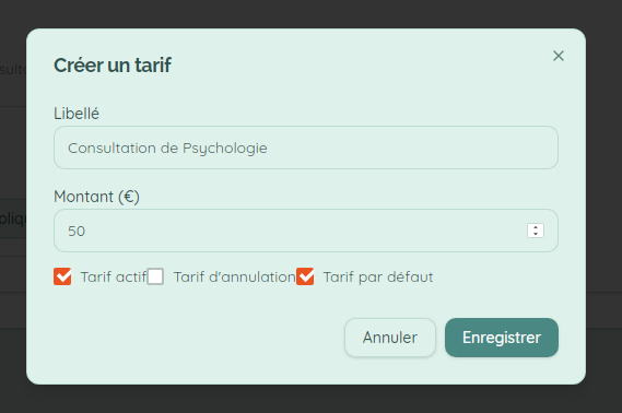 Création des tarifs dans MerciPsy