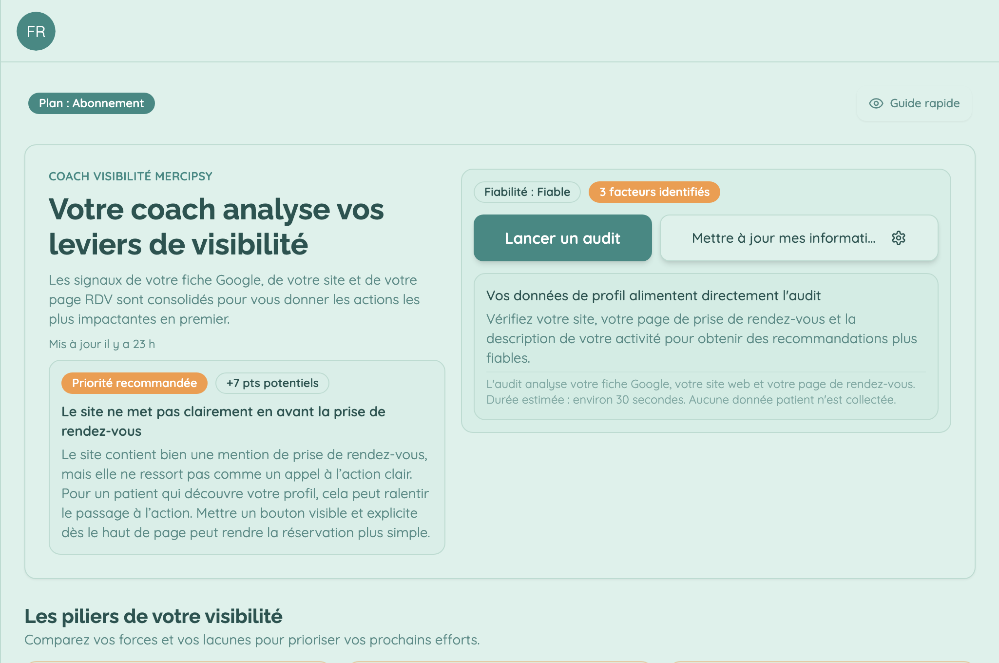 Diagnostic de visibilité MerciPsy — vue principale